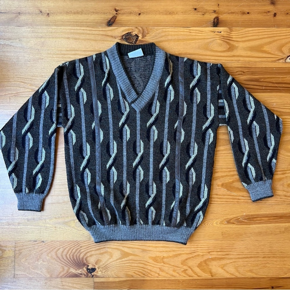 Vintage Gabicci Sweater Mens Large Brown Wool Leather Jumper Made in England